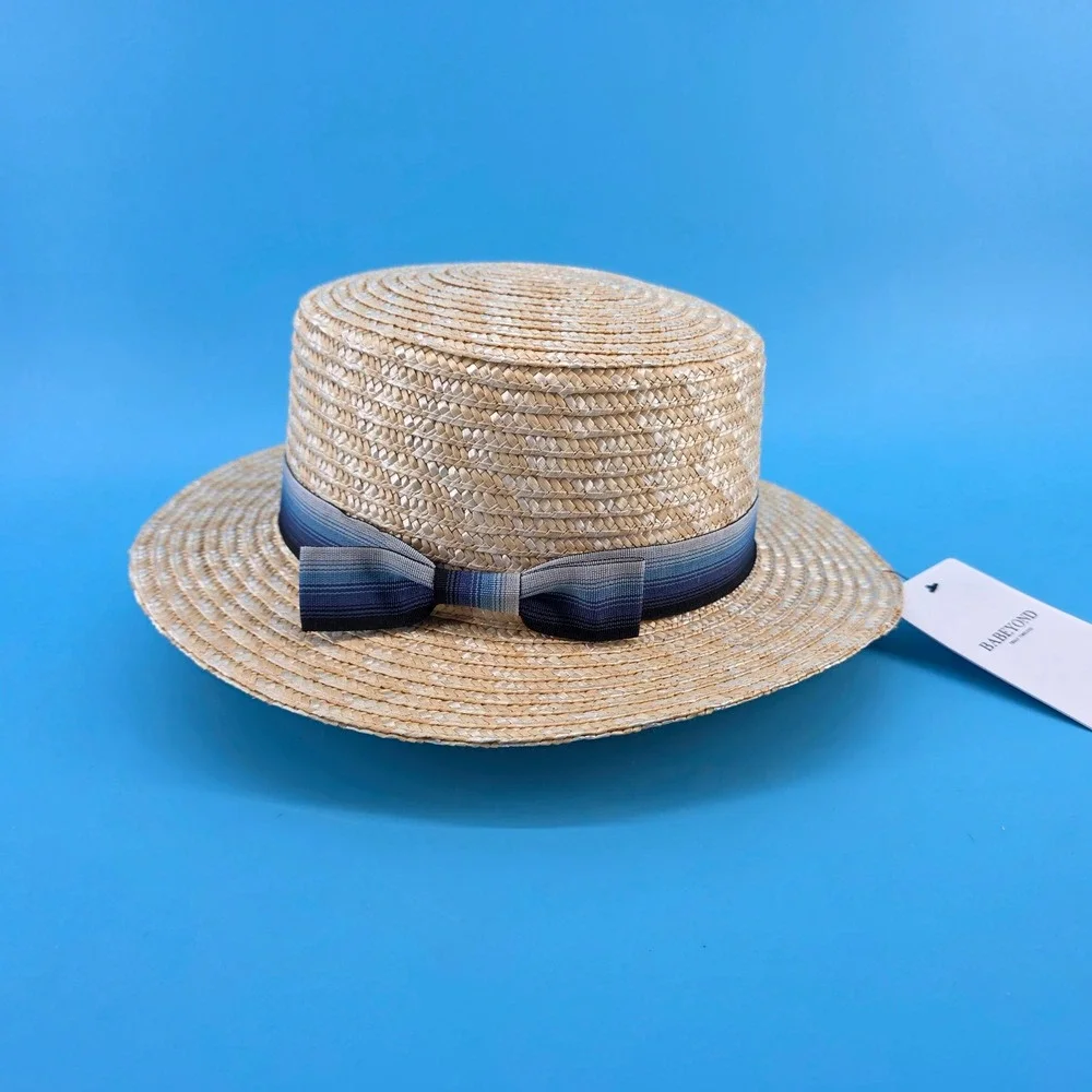 Babeyond Straw Boater‎ Hat Mens/Womens Blue Gradient Ribbon Flat Top Skimmer L
